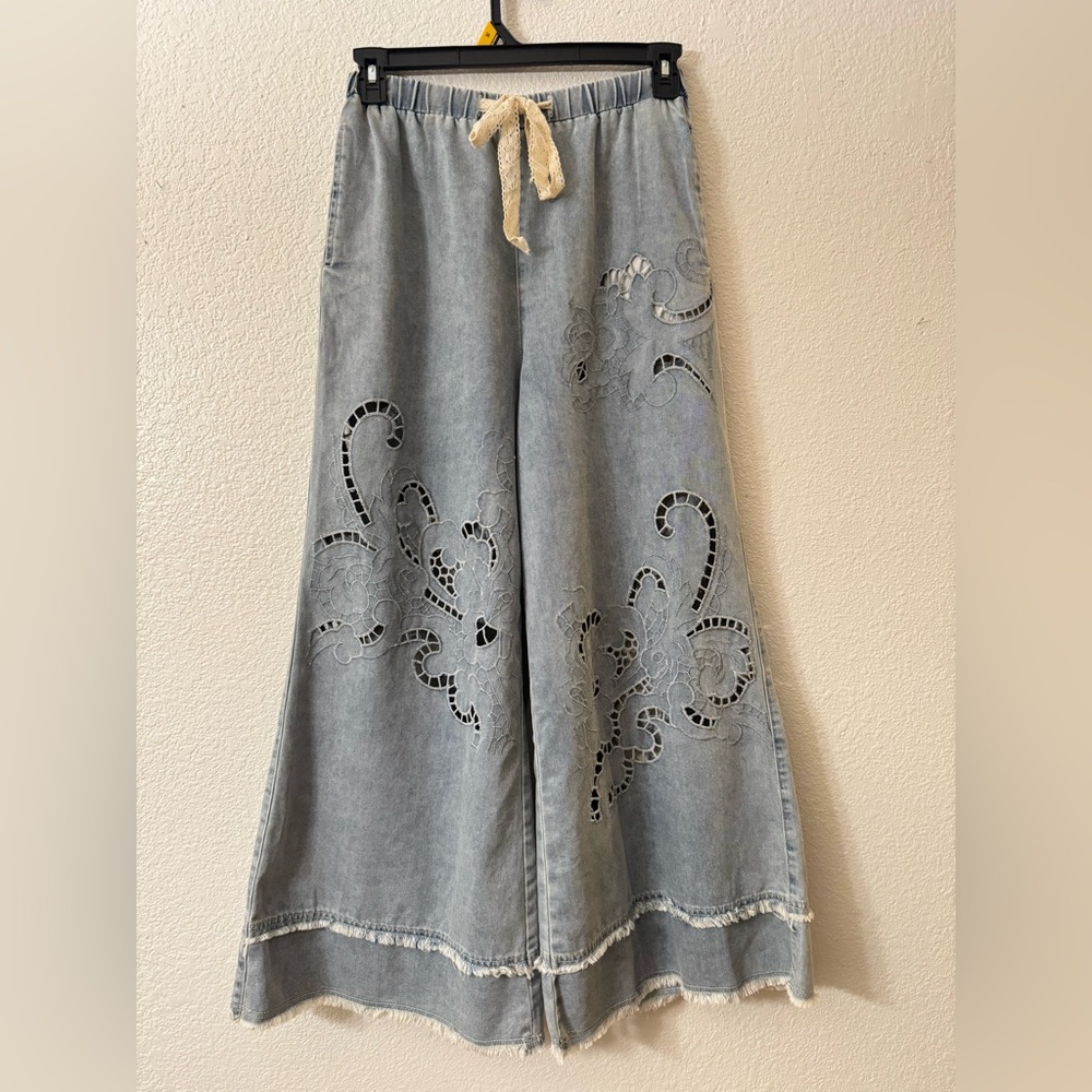 POL Light-Blue Wide Leg Laser-Cut Denim Jeans with Drawstring